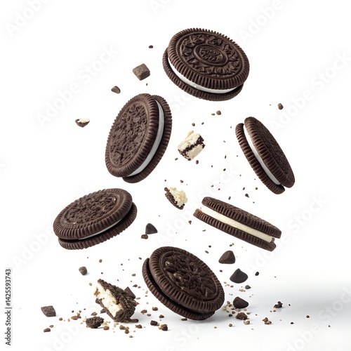 flying Oreo cookies with crumbs isolated on white background, clipping path