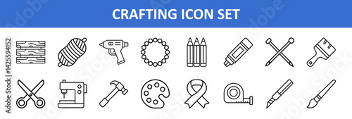 Crafting hobby diy art supplies tools sewing knitting needlework handmade equipment icons set, a set of crafting icons including sewing, knitting, painting, and other diy hobby related equipment