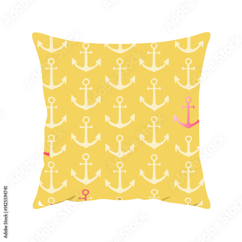pillow isolated on white, Anchor Pattern Throw Pillow Cotton white with embroidered flowers, Isolated on Transparent Background PNG, Cut out 3D Pillow