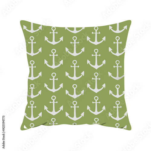 Anchor Pattern Throw Pillow Cotton white with embroidered flowers, Isolated on Transparent Background PNG, Cut out 3D Pillow