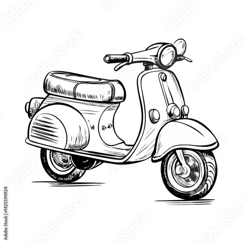 Vintage scooter sketch in black and white, hand-drawn retro motorbike illustration on white background

