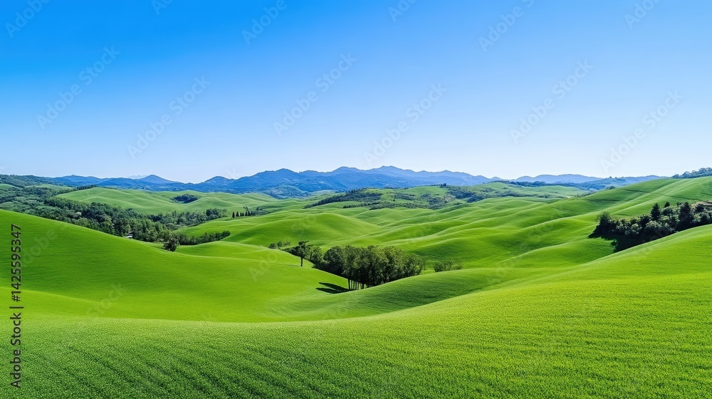 Fototapeta premium Rolling green hills under clear blue sky