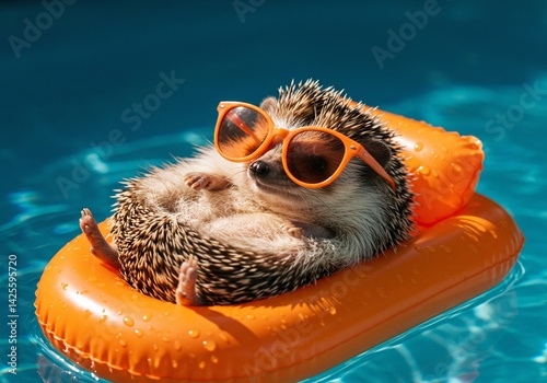 A hedgehog relaxing on a pool float wearing sunglasses, basking in the sun, enjoying a refreshing swim.