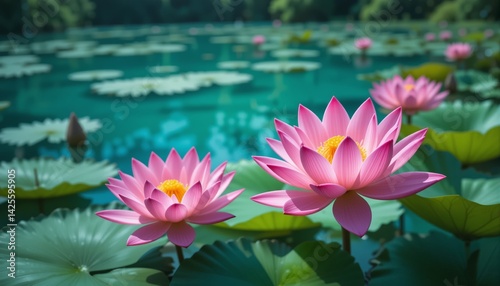Pink Lotus Flowers Blooming on a Pond with Green Lily Pads in a Calm and Serene Natural Setting for Peaceful Nature Concepts