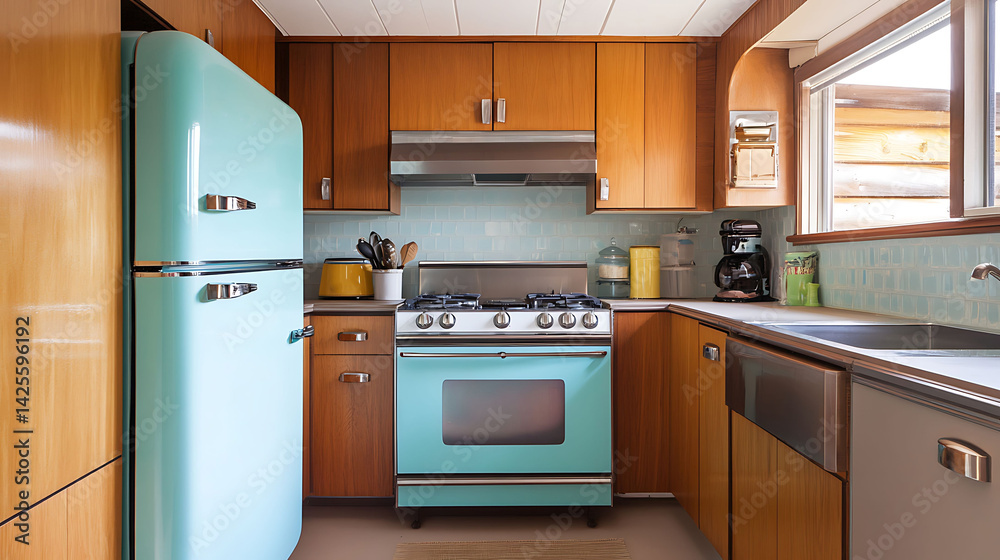 Fototapeta premium Retro modern kitchen with vintage appliances and clean modern finishes wooden textures horizontal view