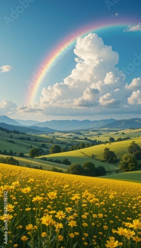 Vibrant Yellow Flower Field Stretching Across Rolling Hills Under a Blue Sky with Puffy Clouds and a Bright Rainbow for Scenic Nature Landscapes