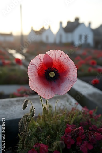Poppy blooms at cemetery sunrise