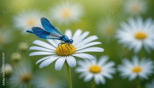 Blue Dragonfly Perched Gracefully on a White Daisy Flower in a Sunlit Meadow Surrounded by Blossoming Wildflowers