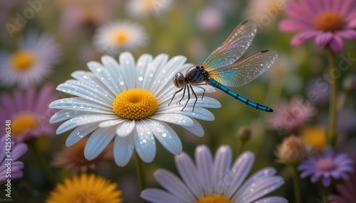 Close-Up of a Dragonfly Perched on a White Daisy Flower Surrounded by Colorful Blossoms in a Natural Garden Setting