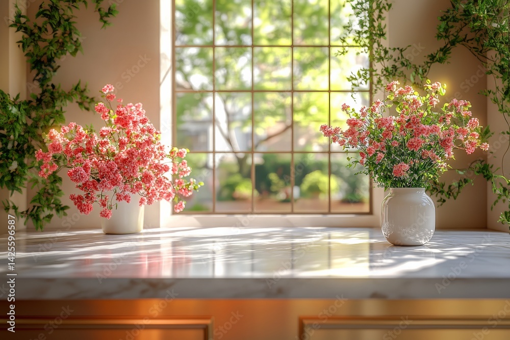 Fototapeta premium Sunlight floods a spacious kitchen featuring a polished countertop and a delicate floral arrangement. 
