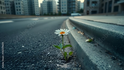 Single Daisy Flower Growing Through a Crack in the Asphalt on an Urban Street for Resilience, Overcoming Obstacles and Hope Concepts