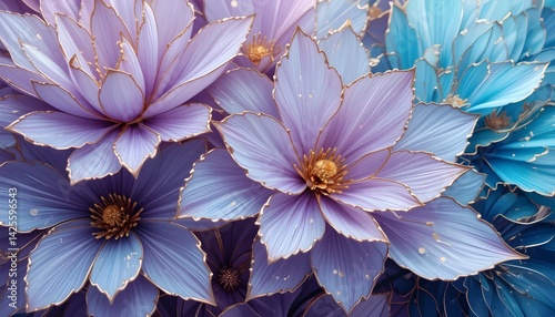 3D Wallpaper of Pastel Purple and Blue Flowers with Gold-Edged Petals in a Detailed and Elegant Floral Arrangement for Decorative Backgrounds