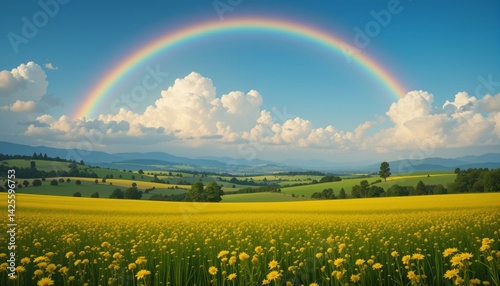 Expansive Yellow Flower Field Under a Clear Blue Sky with White Clouds and a Vibrant Rainbow Arching Over the Scenic Countryside Landscape