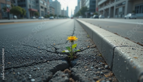Yellow Flower Growing Through a Crack in the Asphalt on an Urban Street for Resilience and Hope Concepts