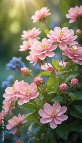 Beautiful Pink Flowers Blooming in a Garden with Soft Sunlight and Green Leaves for Nature and Spring Concepts