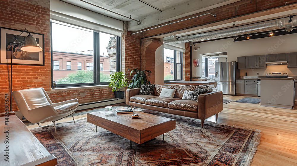 Naklejka premium Industrial loft with exposed brick walls metal furniture and open ceilings