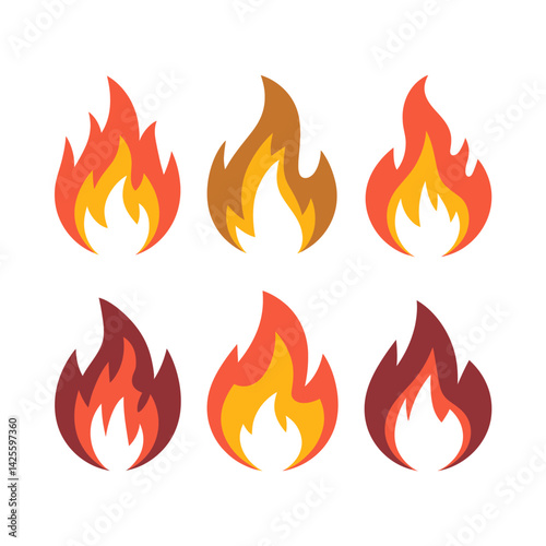 A collection of six stylized flame icons is displayed in two rows, each varying in color from shades of red, orange, and yellow.