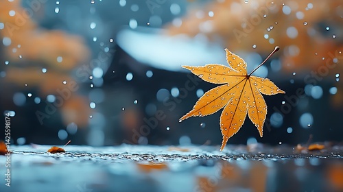 Orange Maple Leaf Falling in Rain, Soft Focus Autumn Scene