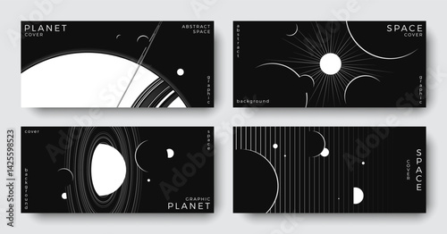 Set of abstract space astronomy horizontal backgrounds. Line art galaxy, universe, planet, solar system. Science future concept. Minimalist design for cover, poster, layout, banner, flyer, brochure