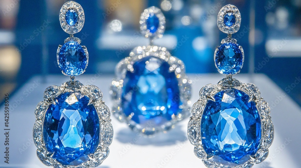 Exquisite blue jewels on display. Intricate gemstone earrings and pendants Exquisite blue jewels on display. Intricate gemstone earrings and pendants