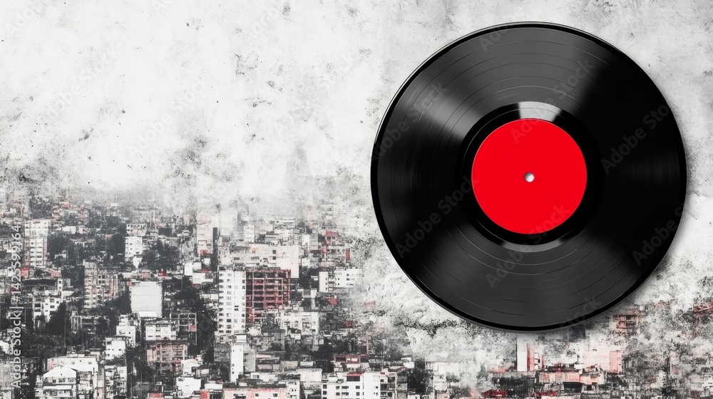 Obraz premium Black vinyl record on textured wall over grunge cityscape background concept.