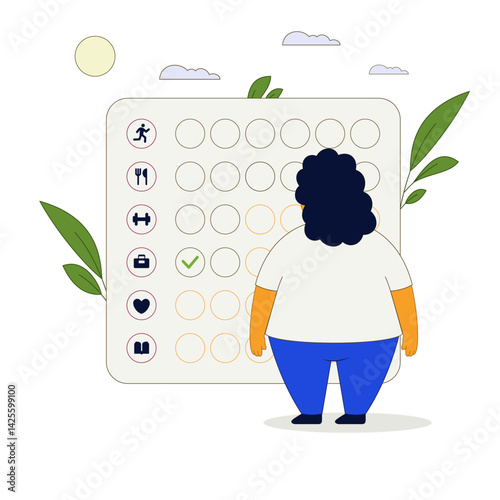 Funny character plump woman in front of a list of personal and work goals and tasks. Vector flat illustration.