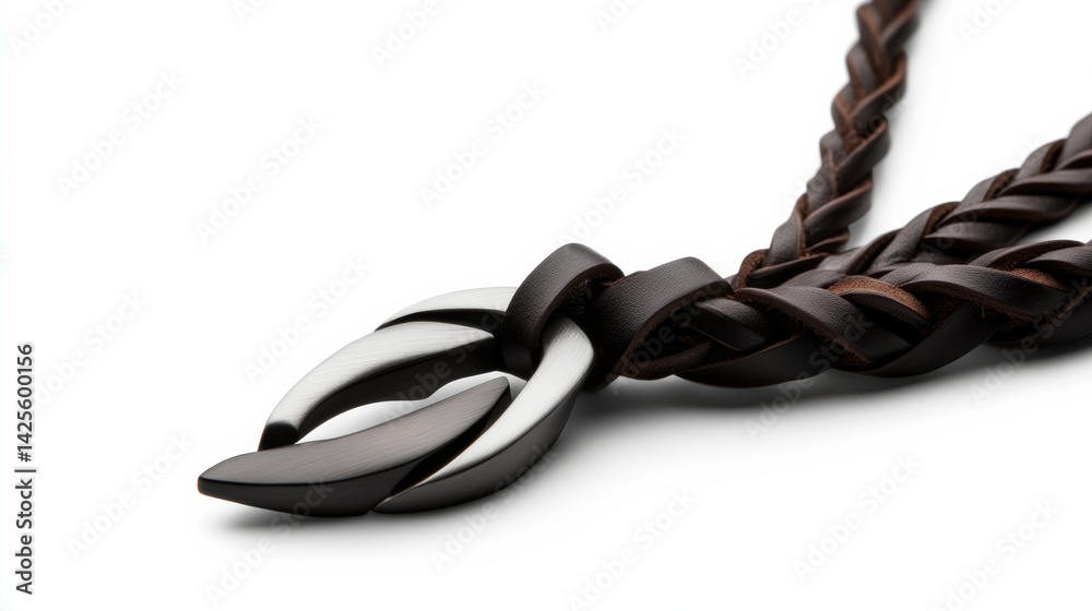 Naklejka premium A braided leather necklace with a silver pendant, designed for a rugged yet sophisticated fashion look,