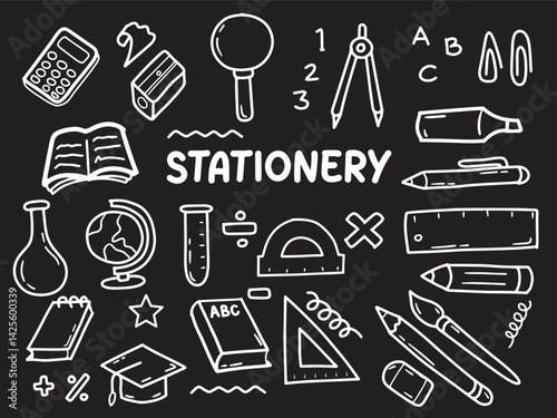 Set of icons with Stationery theme. With doodle style. For layout, website, graphic design.