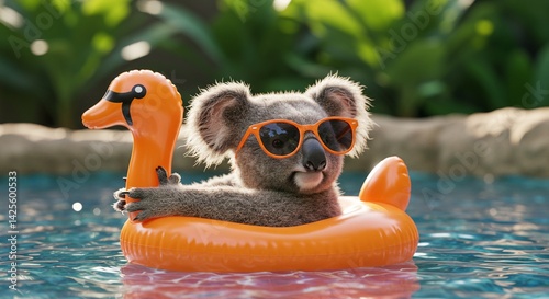 A cool koala relaxing on a swan floatie in a pool, wearing sunglasses