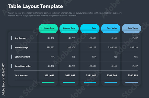 Table layout template with five options and a total amount row - dark version. Simple flat template for project data visualization.