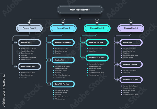 Modern infographic for project or organization structure - dark version. Simple flat template with four colourful options for website or data presentation.