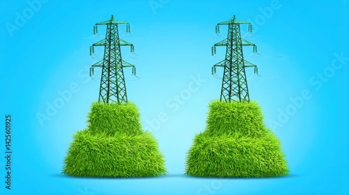 Two towering green grass structures symbolizing energy transition and states moving away from fossil fuels