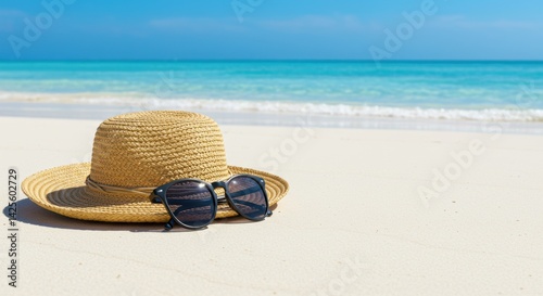 Straw hat and sunglasses on white sand beach