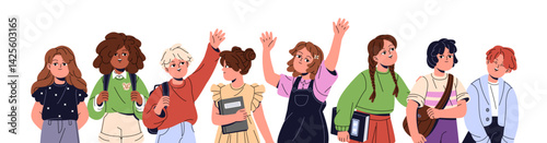 Happy students say Hello with hand gestures, waving together. Group of pupils is greeting. Funny kids rejoice, welcome. Back to school concept. Flat isolated vector illustration on white background
