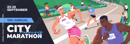 Design of sports event banner with city marathon. Advertising template with running athletes. Promotion of jogging race in urban park. Runners, joggers are in competition. Flat vector illustration