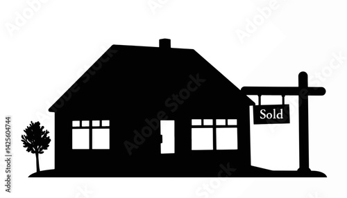 Silhouette of house with sold sign, minimalistic real estate concept