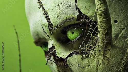 Close-up of a textured green face with cracked skin and vibrant green eye, set against a blurred background