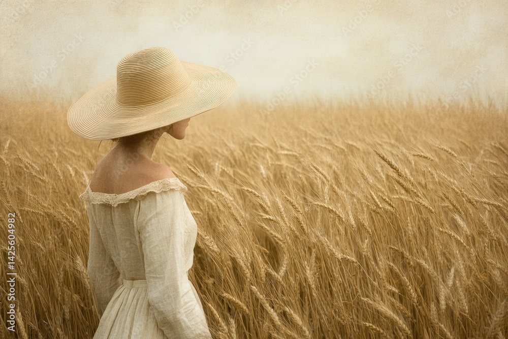 Obraz premium A woman in a straw hat stands in a golden wheat field, a serene and nostalgic scene.