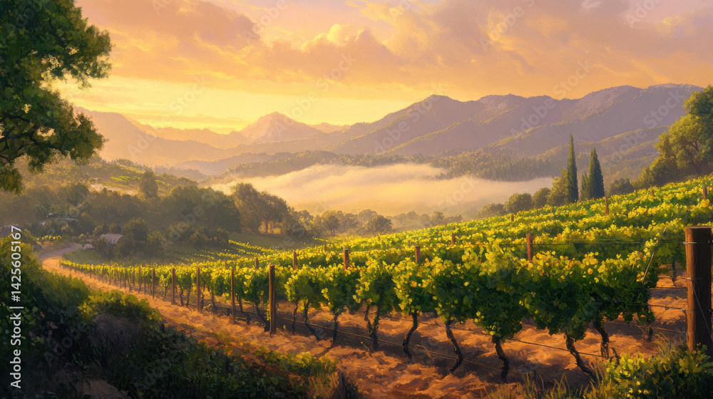 Fototapeta premium Serene vineyard landscape at sunset with rolling hills and misty mountains in the background