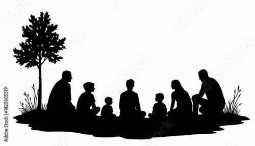 Gathering of storytellers sharing tales under a tree, summer camp