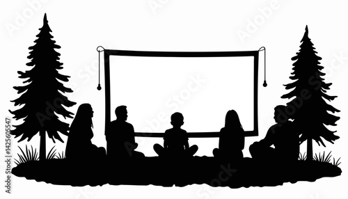 Silhouettes watching outdoor movie night under trees, summer fun