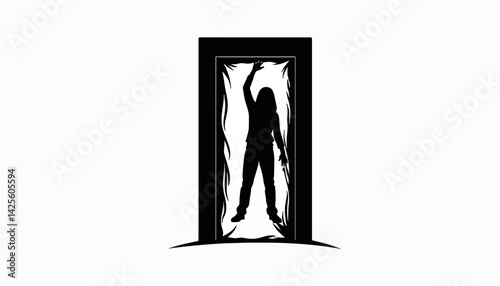 Silhouette prank of person behind cling wrap doorway, April Fools' humor