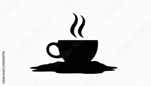 Silhouette of coffee cup spilling in black and white, April Fools' fun