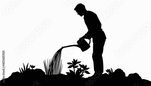 Silhouette of a person watering plants in garden, nurturing growth