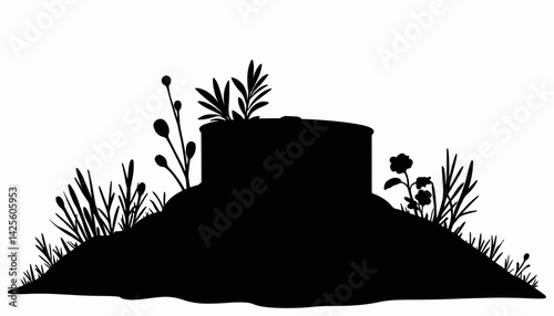 Silhouette of a compost bin surrounded by plants, sustainability concept