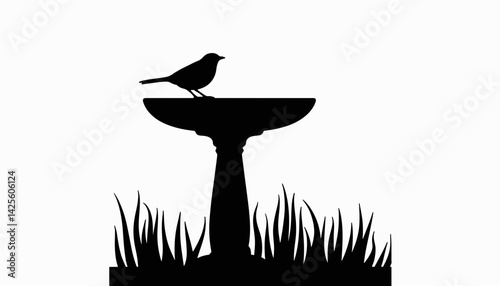 Elegant bird silhouette atop birdbath, minimalist gardening concept