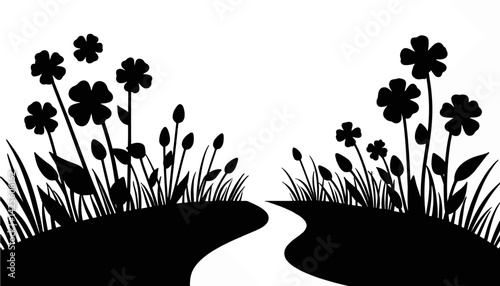 Silhouette of a winding garden path with flowers, nature's serenity
