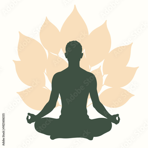 Abstract Male Silhouette Meditating with Leaf Backdrop on Neutral Background for Wellness Blogs, Yoga Websites, Mindfulness Education, and Health Awareness Campaigns