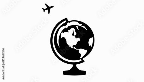 Globe silhouette with airplane, symbolizing emigration journey