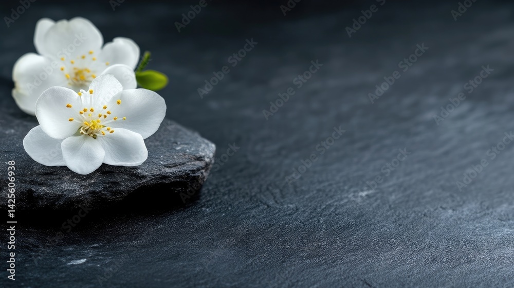 Fototapeta premium Delicate white blossoms on dark stone